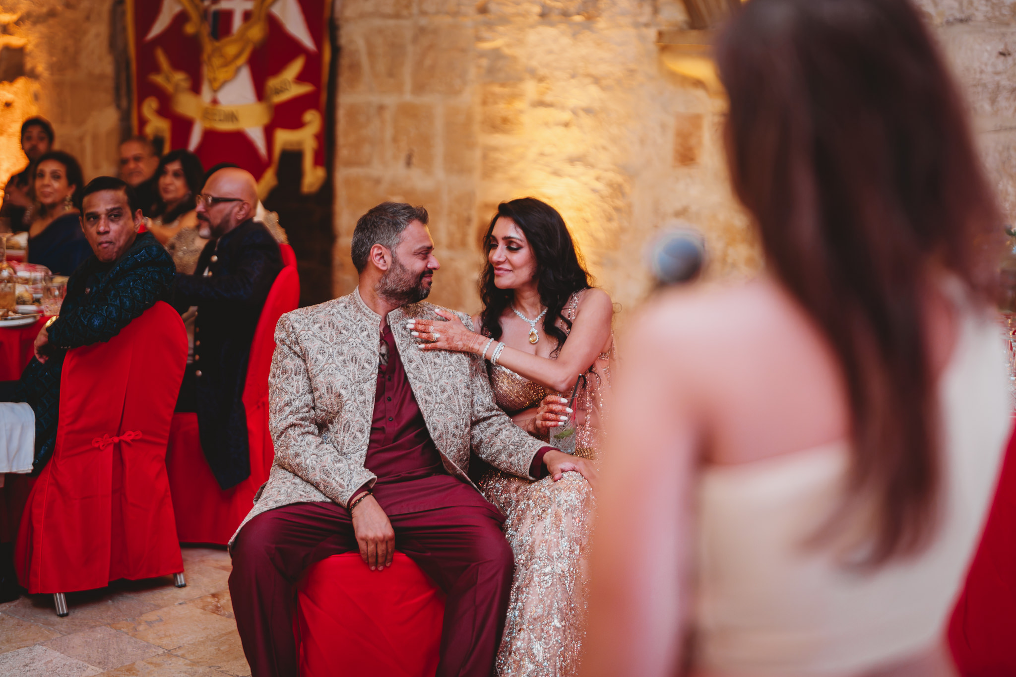 Lakshna & Neil / Villa Bologna Wedding 65 Bride in red lehenga at Villa Bologna wedding, Malta