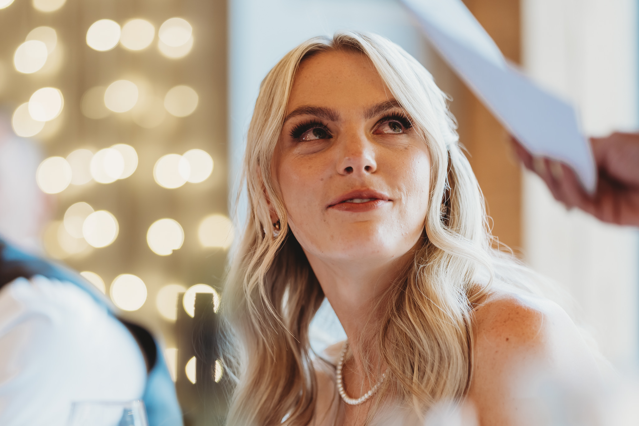 Ella & Ryan / Rackleys Barn 39 Wedding speeches under festoon lights at Rackleys Barn — Buckinghamshire wedding photographer