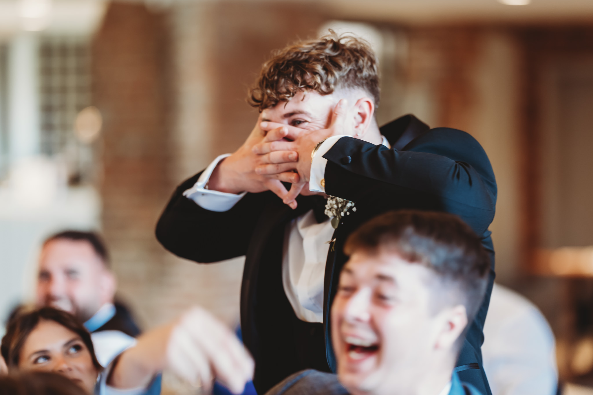 Ella & Ryan / Rackleys Barn 50 Wedding speeches under festoon lights at Rackleys Barn — Buckinghamshire wedding photographer
