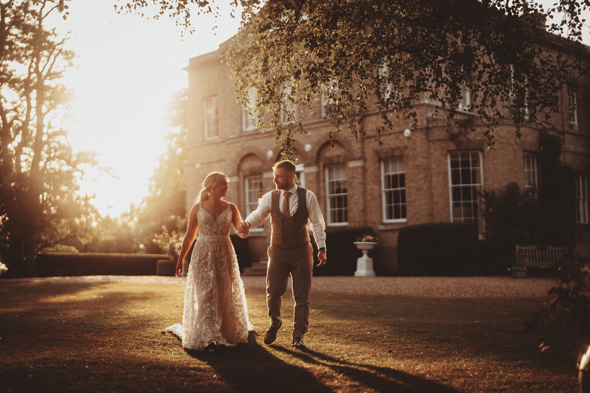 Barnston Lodge wedding: Sarah and Daniel in front of the Georgian house