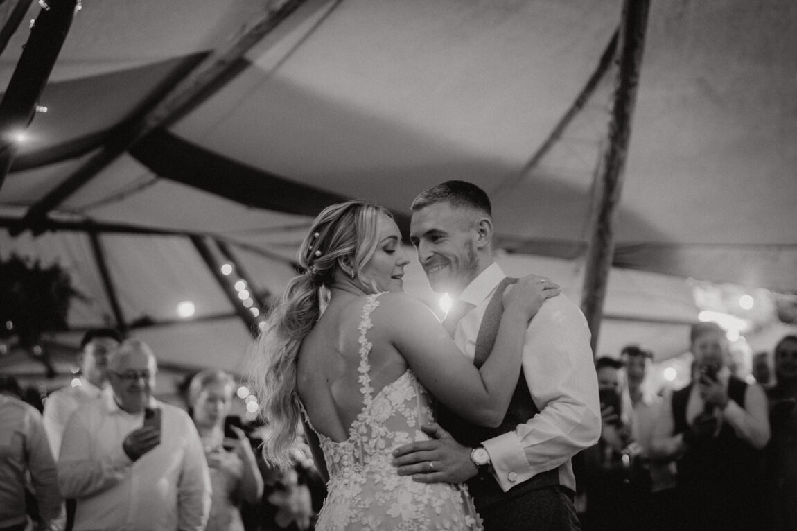 Black and white of the dancefloor in the tipi