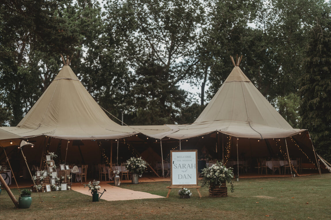 Tipis on the lawn at Barnston Lodge, Great Dunmow