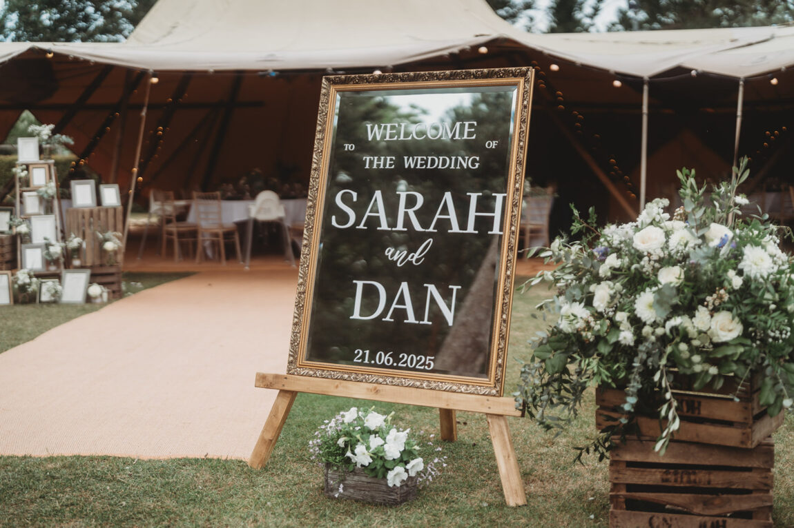 Sarah and Dan welcome sign at the tipis at Barnston Lodge
