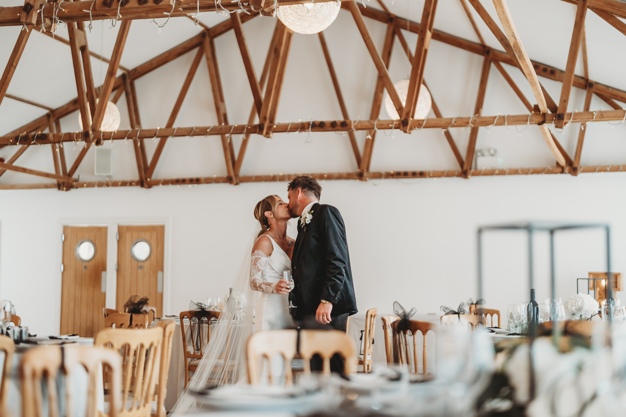 Inside the wedding barn at The Green Cornwall, a converted milking parlour