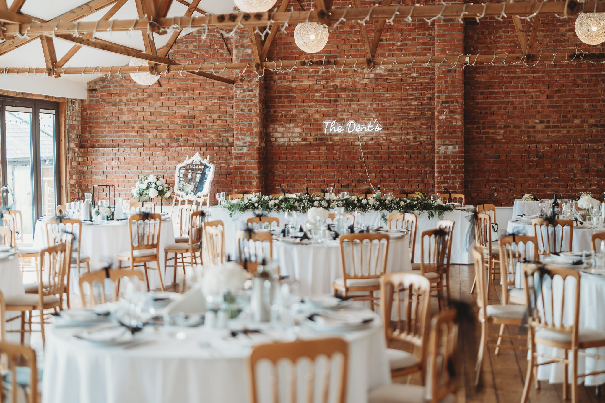 The Green Cornwall Wedding Photographer 9 The red brick barn set for the wedding breakfast at The Green Cornwall