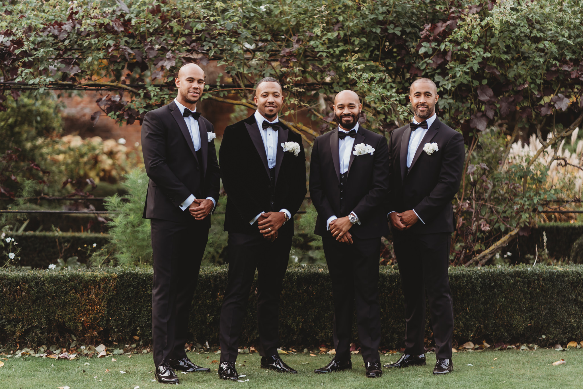 Adele & Daniel / Braxted Park 85 Groom and groomsmen in black tie at Braxted Park