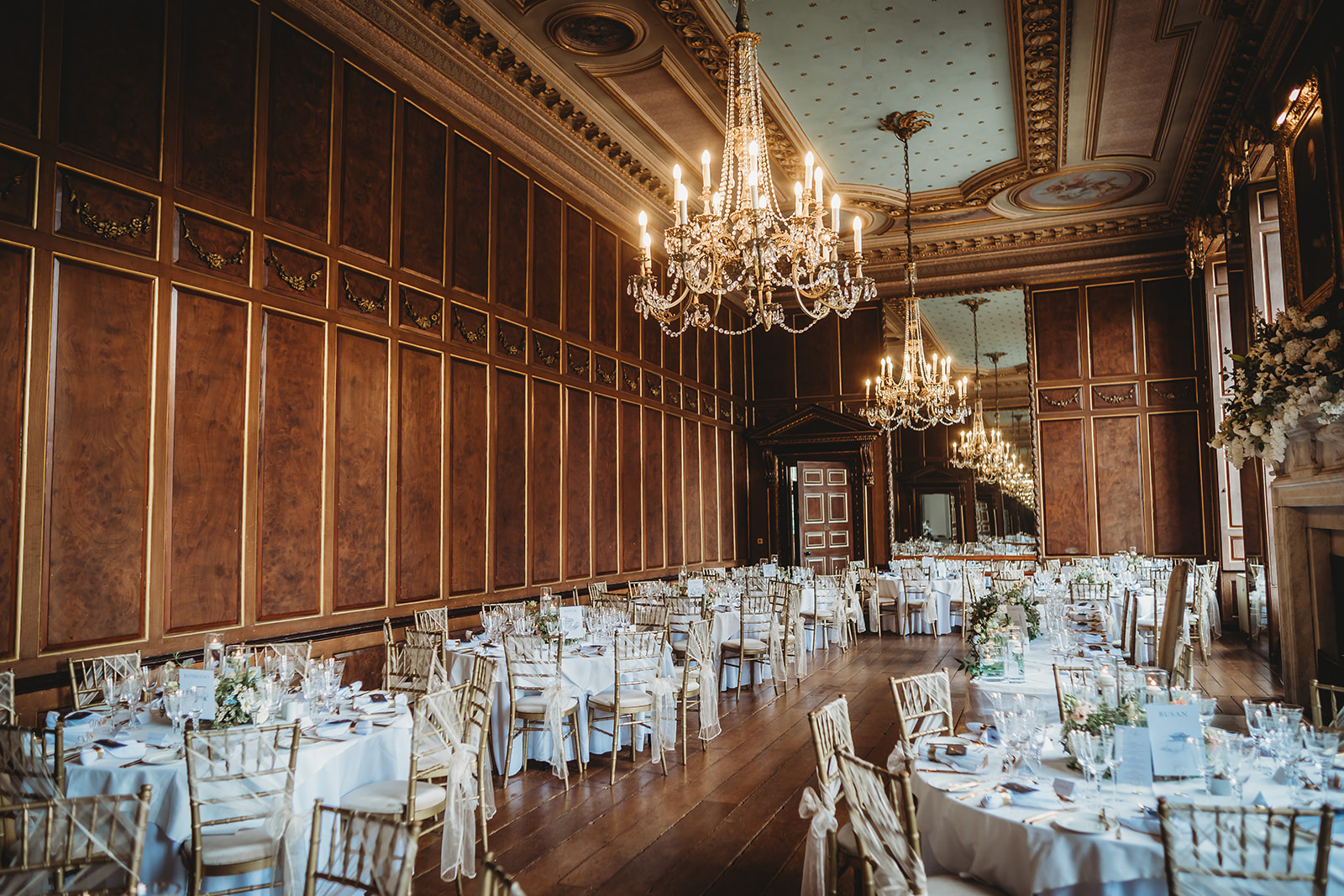 Drinks reception and wedding breakfast details at Gosfield Hall