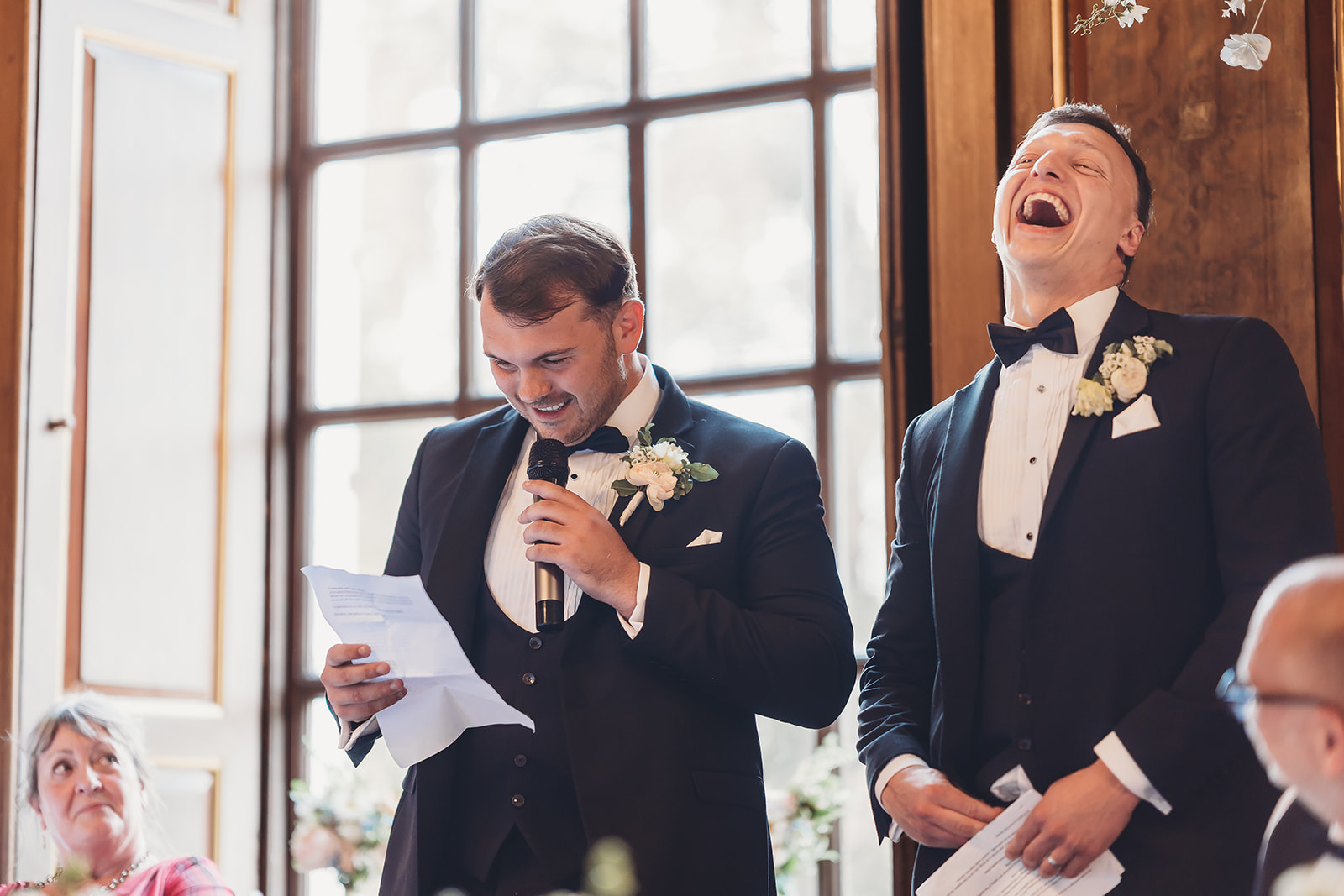 Wedding breakfast and speeches in the panelled dining room at Gosfield Hall