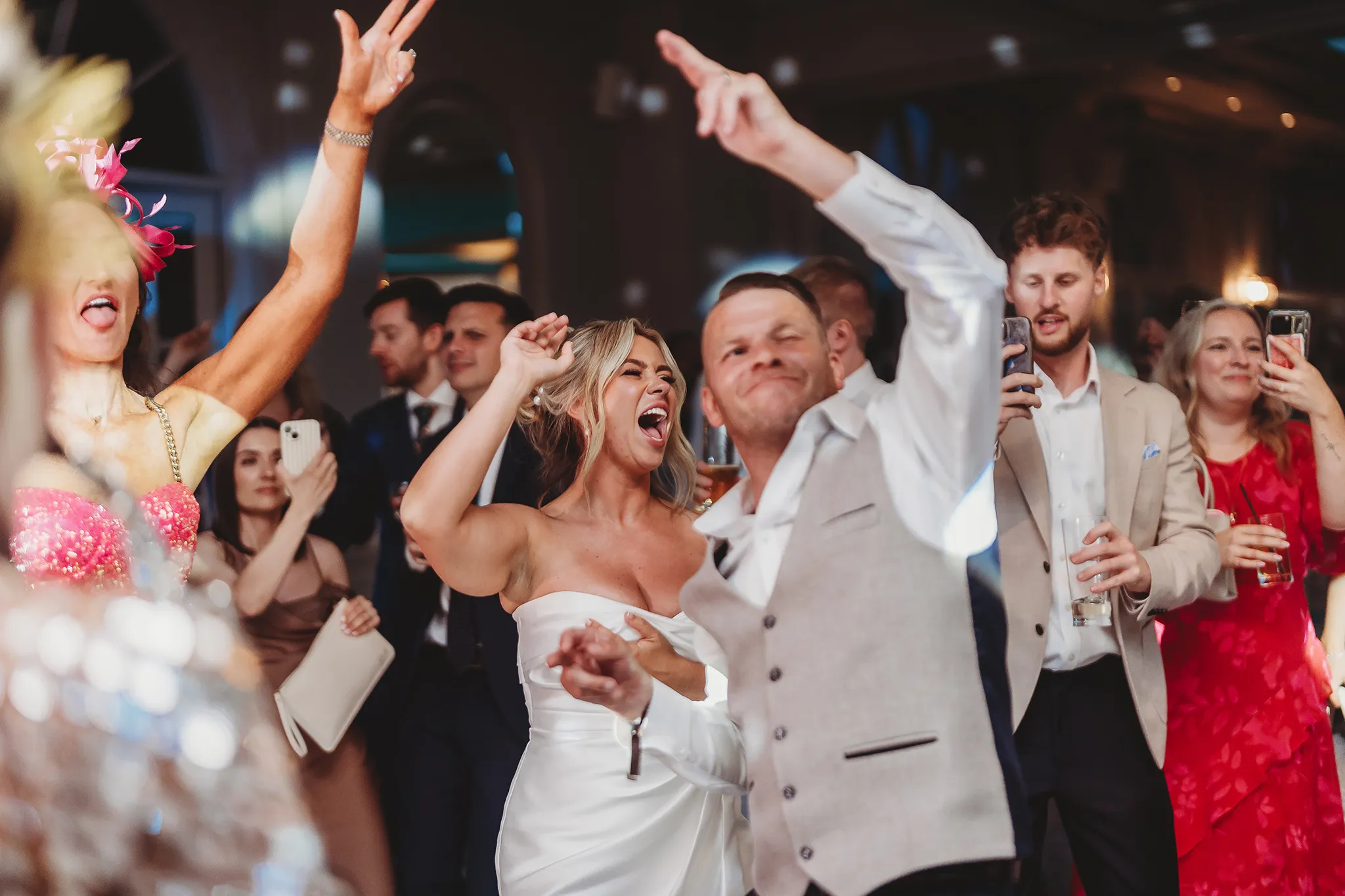Emily & Alan / The Orangery 49 Alan and friends on the dancefloor at the end of the night — Orangery Maidstone wedding photography