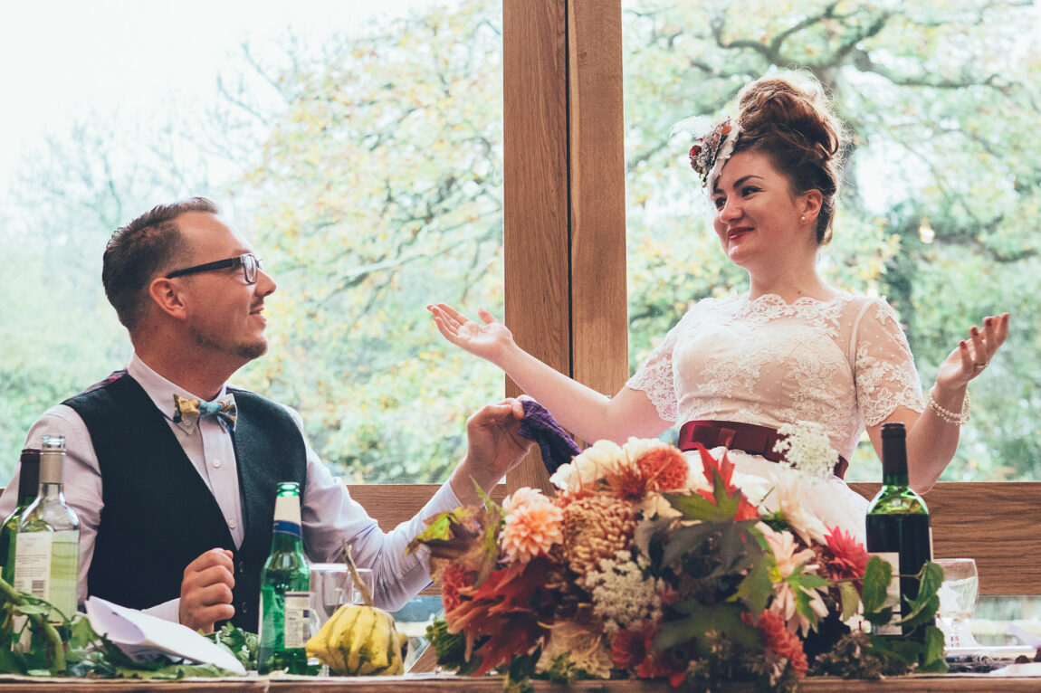 Bride laughing during the speeches at Nancarrow Farm