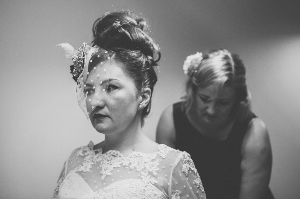 Black and white of the bride and her veil at Nancarrow Farm