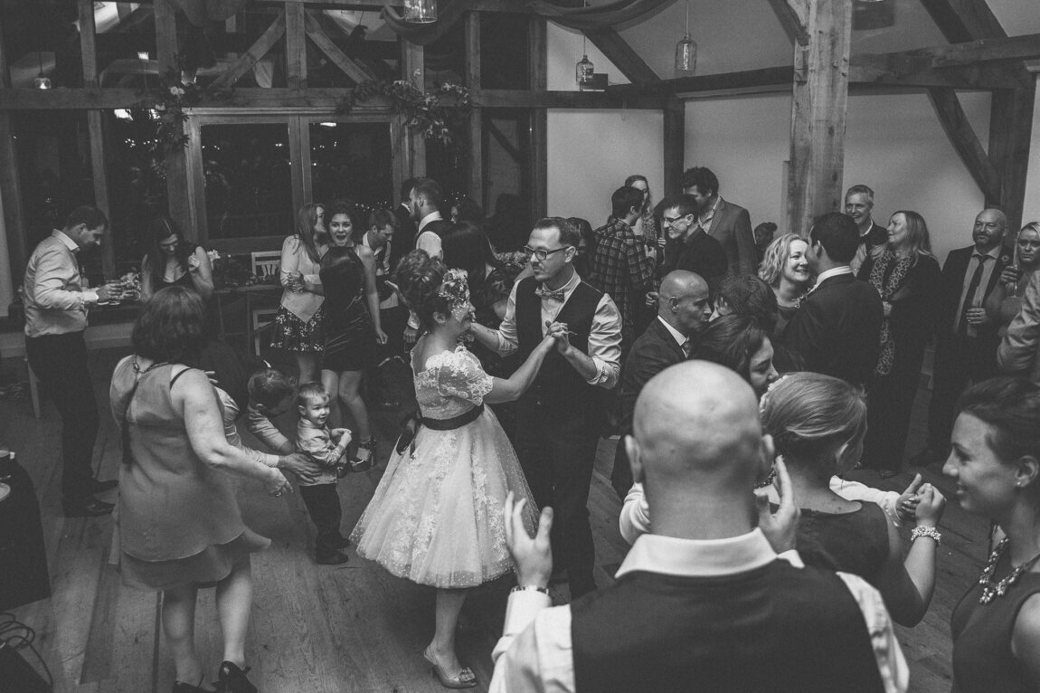 Black and white of the dancefloor at a Nancarrow Farm wedding