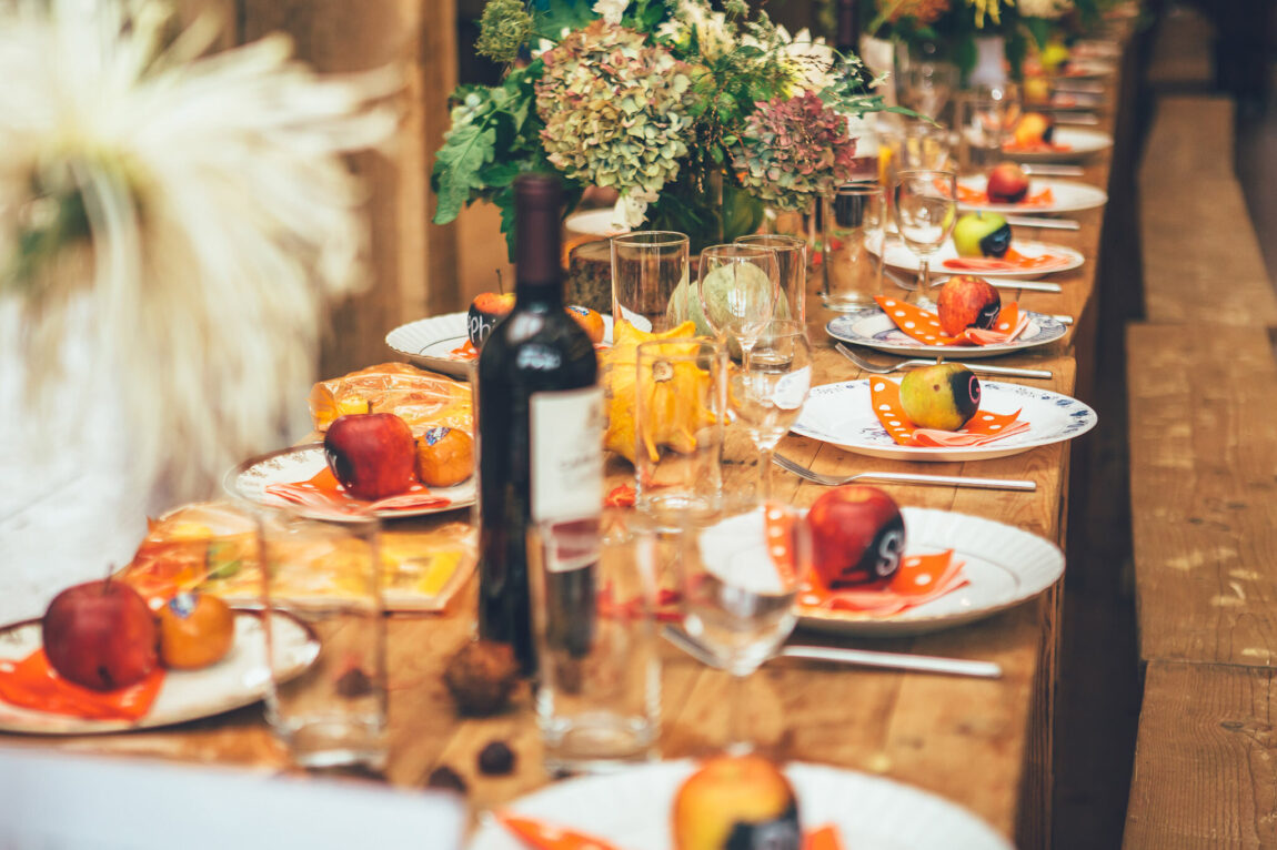 Wedding breakfast table set in the barn at Nancarrow Farm