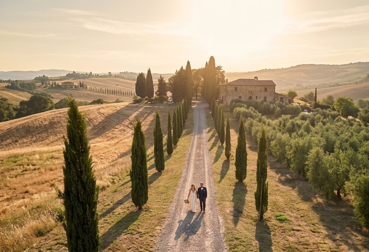 Aerial of a couple on the cypress avenue to a Tuscan villa