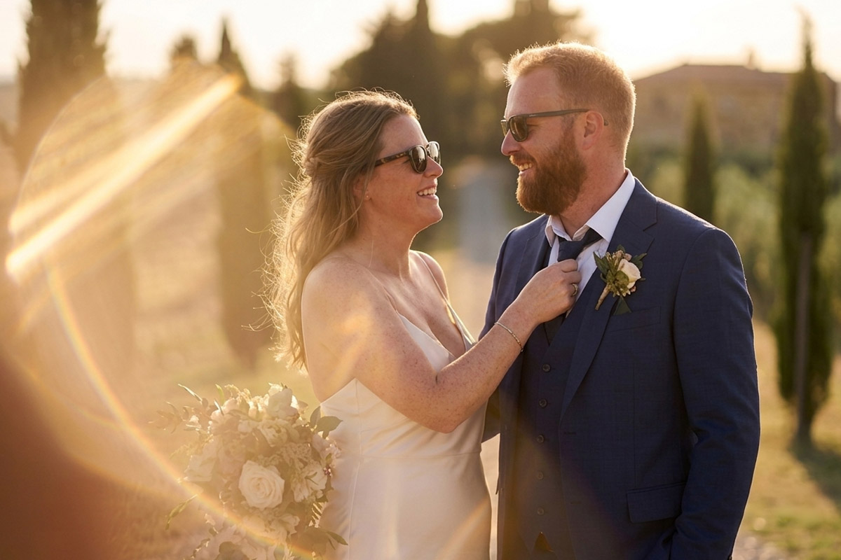Close portrait of a couple in low Tuscan sun