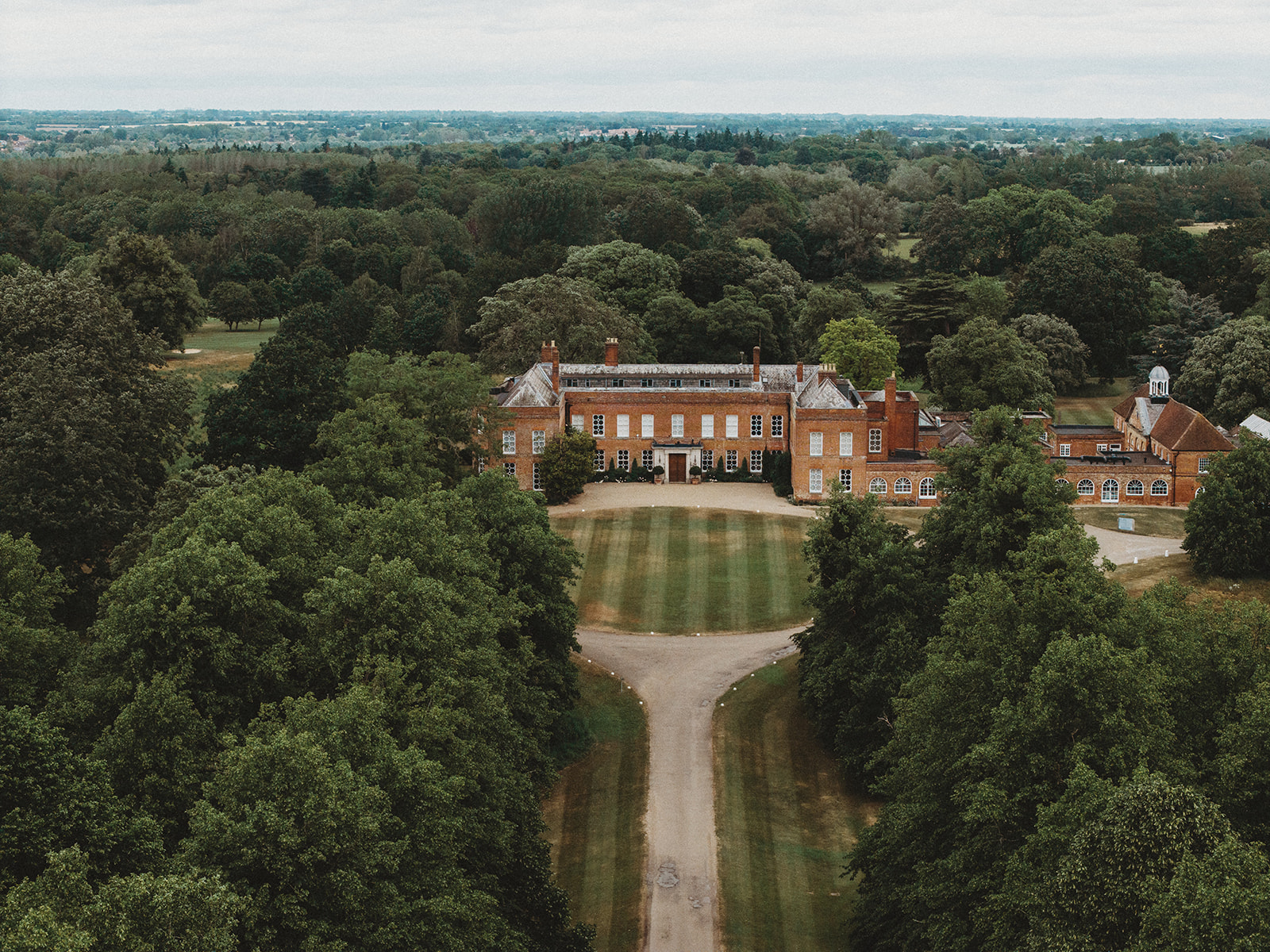 Aerial view of Braxted Park Estate in Essex on a wedding day