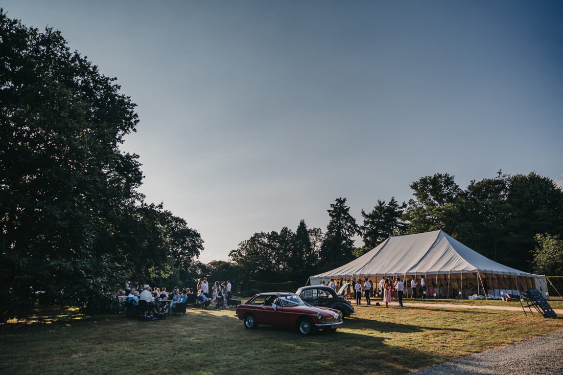 The marquee and vintage cars on the lawn at Hoath House